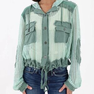 POL Open Knit Contrast Hooded Shacket